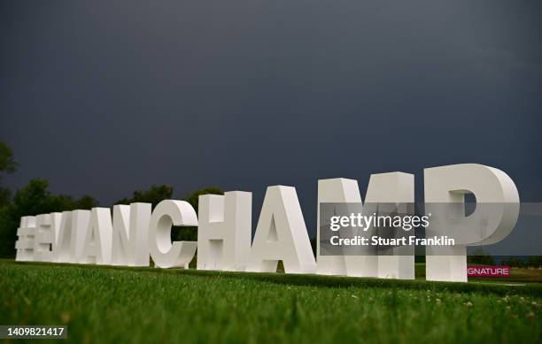 The Evianchamp hashtag logo is pictured prior to The Amundi Evian Championship at Evian Resort Golf Club on July 20, 2022 in Evian-les-Bains, France.