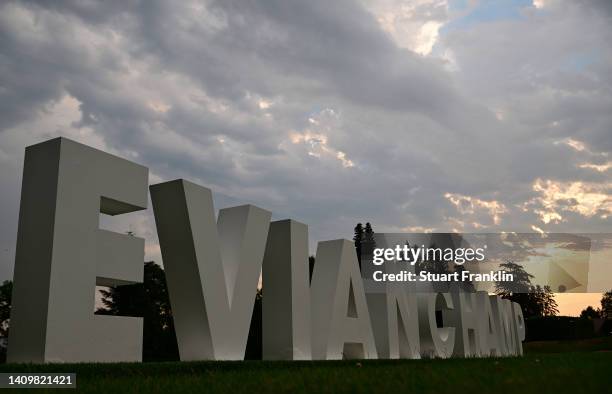 The Evianchamp hashtag logo is pictured prior to The Amundi Evian Championship at Evian Resort Golf Club on July 20, 2022 in Evian-les-Bains, France.