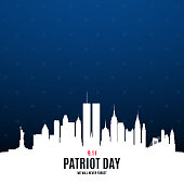 Patriot Day poster with New York skyline. National Day of Prayer and Remembrance for Victims of Terror Attacks September 11, 2001. Design template for background, banner, card, etc.