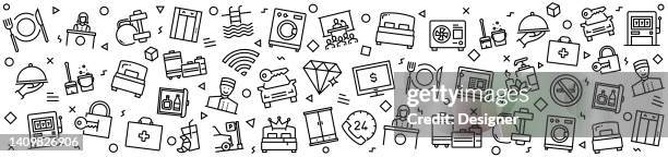 ilustraciones, imágenes clip art, dibujos animados e iconos de stock de servicios e instalaciones hoteleras patrones con iconos lineales, vector de estilo lineal de moda - babysitting background