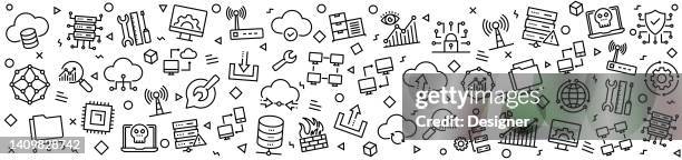 network technology patterns with linear icons, trendy linear style vector - server switches stock illustrations