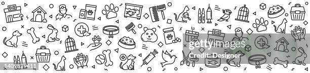 ilustrações, clipart, desenhos animados e ícones de padrões pet shop com ícones lineares, vetor de estilo linear da moda - loja de animais de estimação