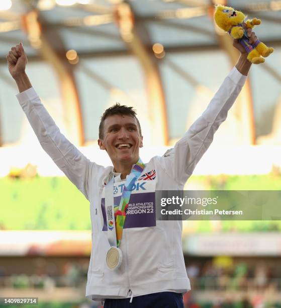 Gold medalist Jake Wightman of Team Great Britain poses during the medal ceremony for the Men's 1500m Final on day five of the World Athletics...