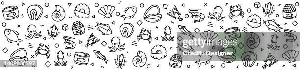 illustrazioni stock, clip art, cartoni animati e icone di tendenza di modelli sea food con icone lineari, vettore di stile lineare alla moda - restaurant oysters