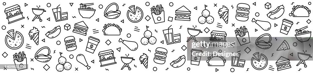 STREET FOOD Patterns with Linear Icons, Trendy Linear Style Vector