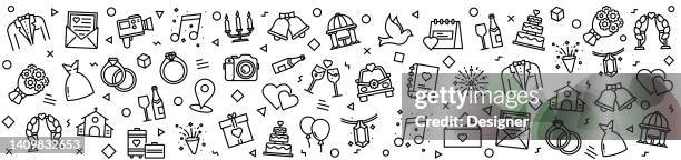 illustrations, cliparts, dessins animés et icônes de motifs wedding avec icônes linéaires, vecteur de style linéaire à la mode - fond mariage