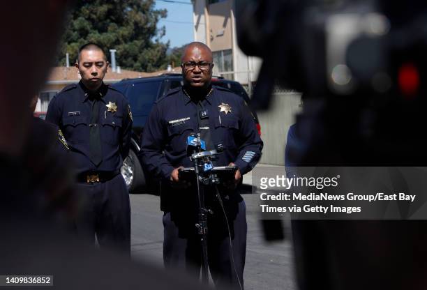 Oakland police Chief LeRonne Armstrong speaks during a press conference on 13th Avenue between East 20th and 21st Streets in Oakland, Calif., on...