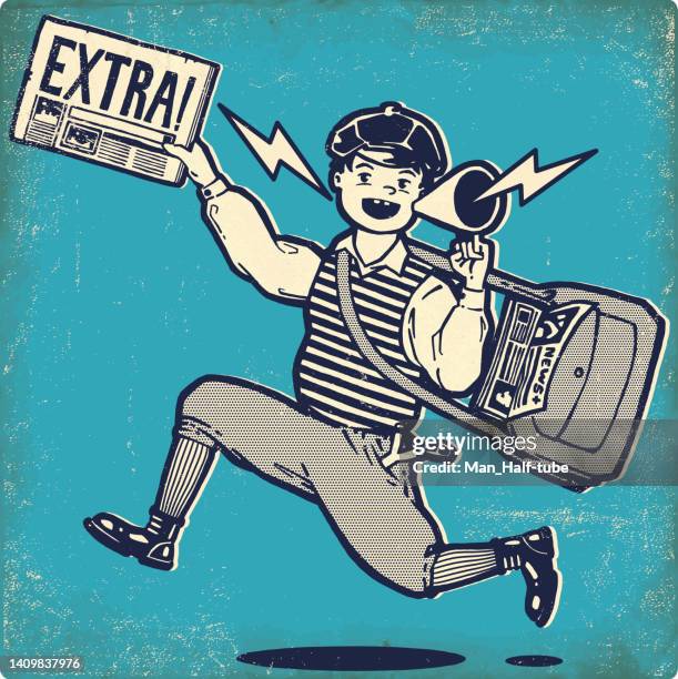 stockillustraties, clipart, cartoons en iconen met paperboy with megaphone and extra newspaper - schreeuwen