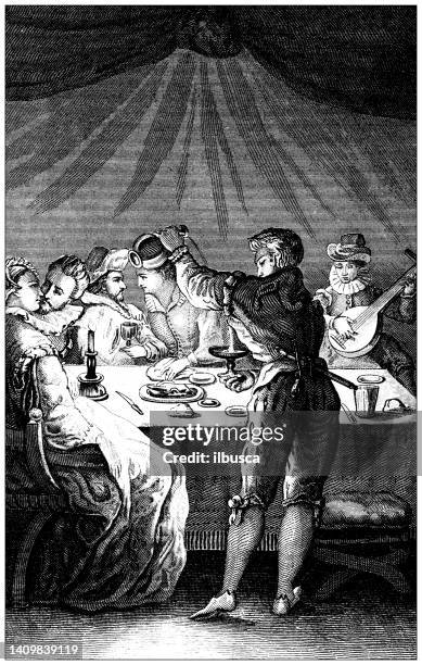 antike stichillustration, zivilisation: dinnerparty, 1580 - 16 jahrhundert stock-grafiken, -clipart, -cartoons und -symbole