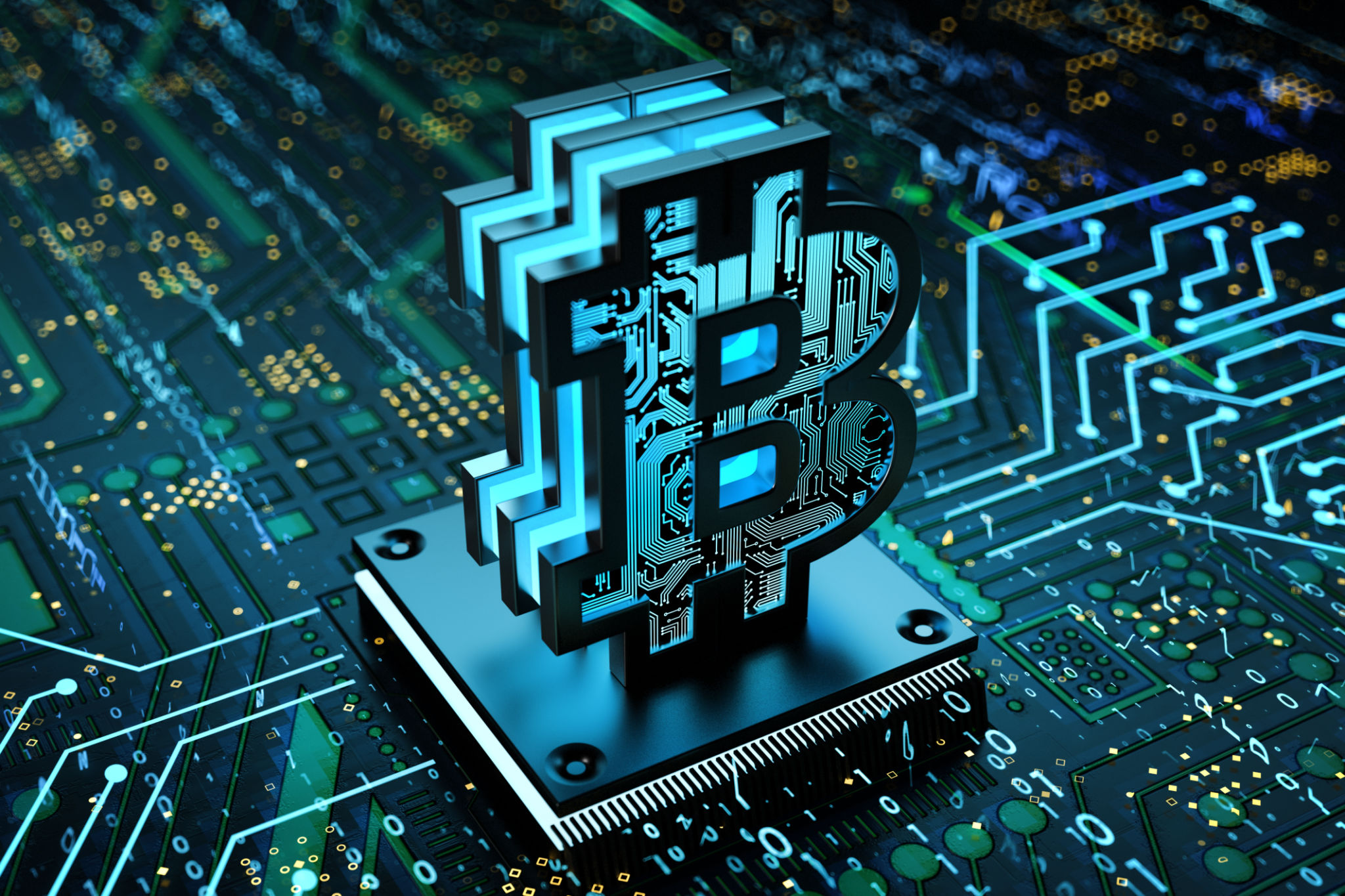 Cryptocurrency Blockchain Concept with Bitcoin Symbol on the Motherboard Cryptocurrency Blockchain Concept with Bitcoin Symbol on the Motherboard