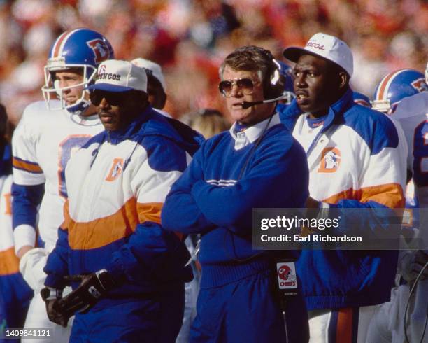 Dan Reeves, Head Coach for the Denver Broncos looks on from the side line during the American Football Conference West Division game against the...