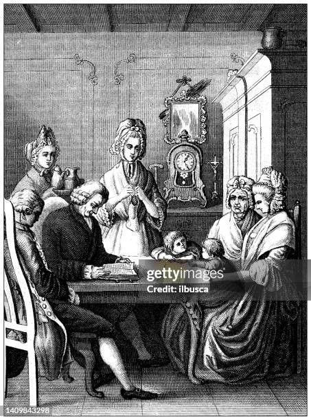 antique engraving illustration, civilization: family reading, 1780 - 18th century room stock illustrations