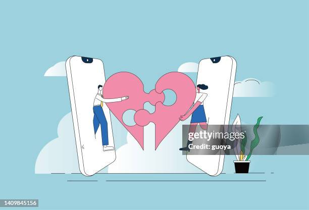 stockillustraties, clipart, cartoons en iconen met one man and one woman, mobile phone, love puzzle. - cupid