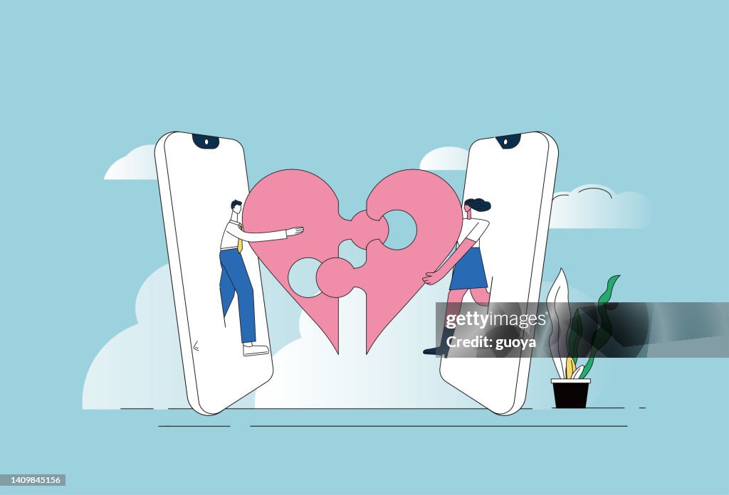 One man and one woman, mobile phone, love puzzle.