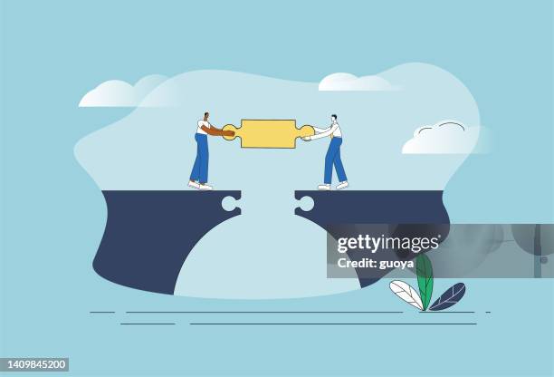 two people use a puzzle to connect the broken bridge. - building bridge stock illustrations