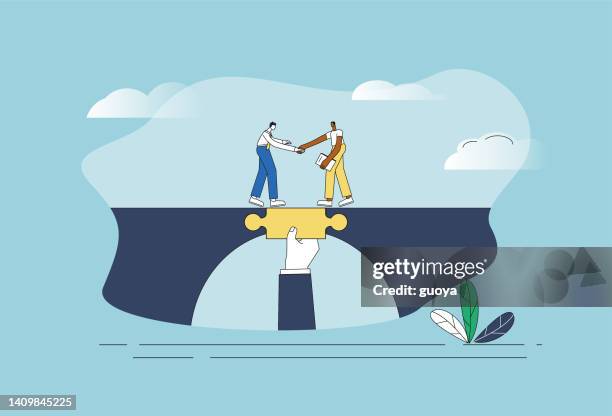 help businessmen communicate and cooperate. - bridge concept vector stock illustrations