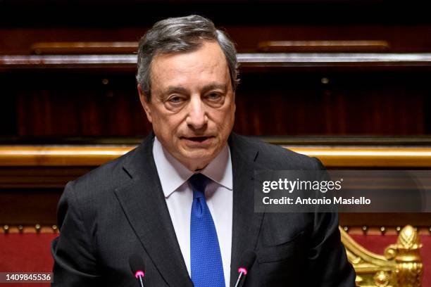 Italian Prime Minister Mario Draghi delivers his speech to the Italian Senate, on July 20, 2022 in Rome, Italy. Italian Prime Minister Mario Draghi...