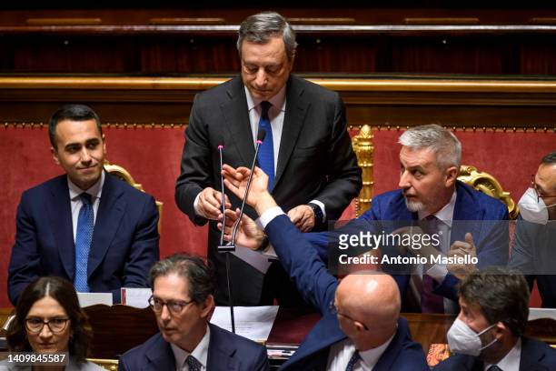 Italian Prime Minister Mario Draghi delivers his speech to the Italian Senate, on July 20, 2022 in Rome, Italy. Italian Prime Minister Mario Draghi...