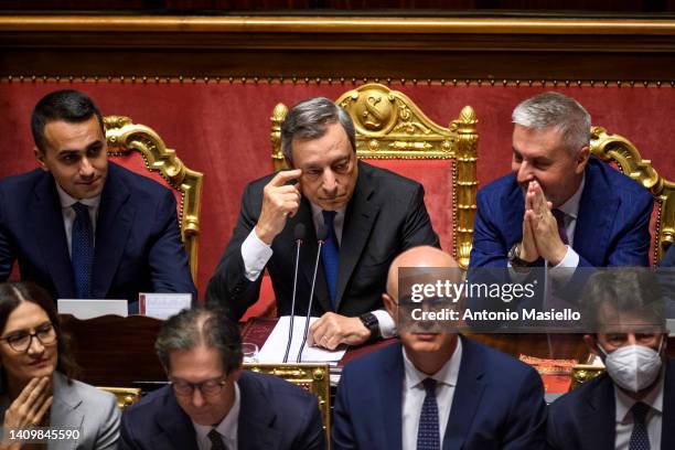 Italian Prime Minister Mario Draghi delivers his speech to the Italian Senate, on July 20, 2022 in Rome, Italy. Italian Prime Minister Mario Draghi...