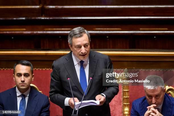 Italian Prime Minister Mario Draghi delivers his speech to the Italian Senate, on July 20, 2022 in Rome, Italy. Italian Prime Minister Mario Draghi...