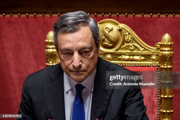 Italian Prime Minister Mario Draghi looks on after delivering his speech to the Italian Senate, on July 20, 2022 in Rome, Italy. Italian Prime...
