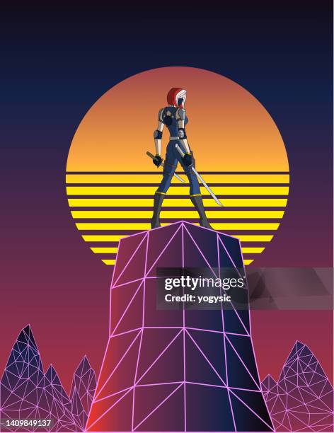 illustrazioni stock, clip art, cartoni animati e icone di tendenza di vector 80s synthwave style femmina ninja illustrazione stock - stalker person