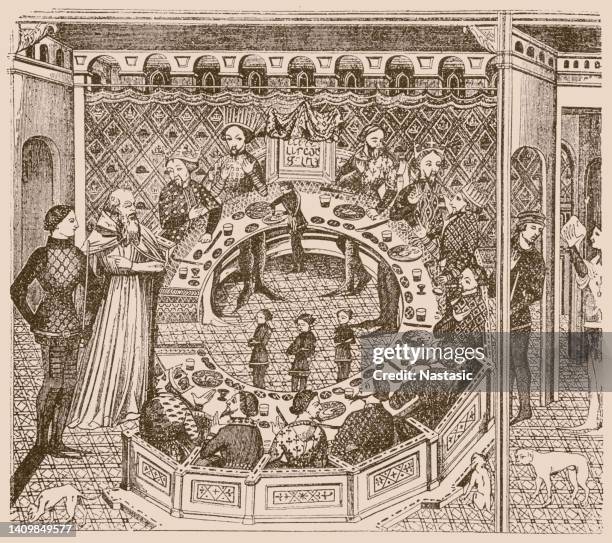 stockillustraties, clipart, cartoons en iconen met king arthur and his round table - ronde tafel