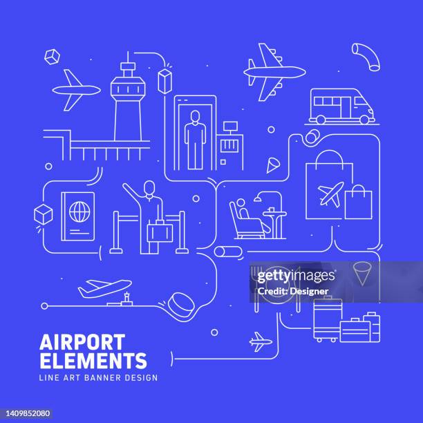 stockillustraties, clipart, cartoons en iconen met airport elements related line style banner design for web page, headline, brochure, annual report and book cover - instappen