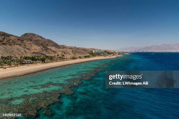 View of the shallow reef due north from The Underwater Observatory Marine Park tower in Eilat on July 13 in Eilat, Israel. The Underwater Observatory...