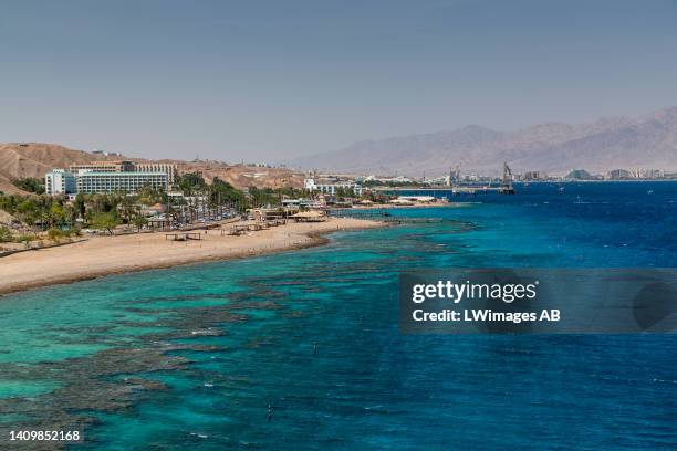 View of the shallow reef due North from The Underwater Observatory Marine Park tower in Eilat on July 13 in Eilat, Israel. The Underwater Observatory...