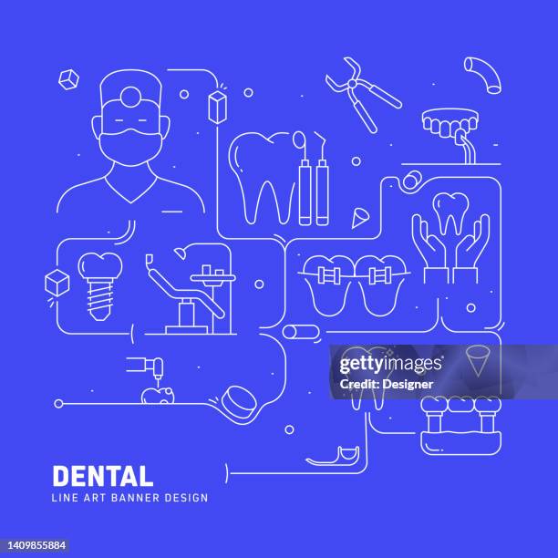 stockillustraties, clipart, cartoons en iconen met dental related line style banner design for web page, headline, brochure, annual report and book cover - tandarts