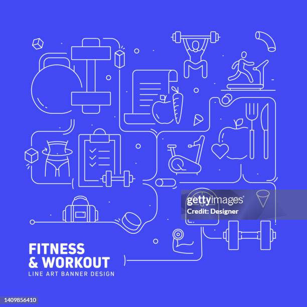 fitness and workout related line style banner design for web page, headline, brochure, annual report and book cover - line drawing activity stock illustrations