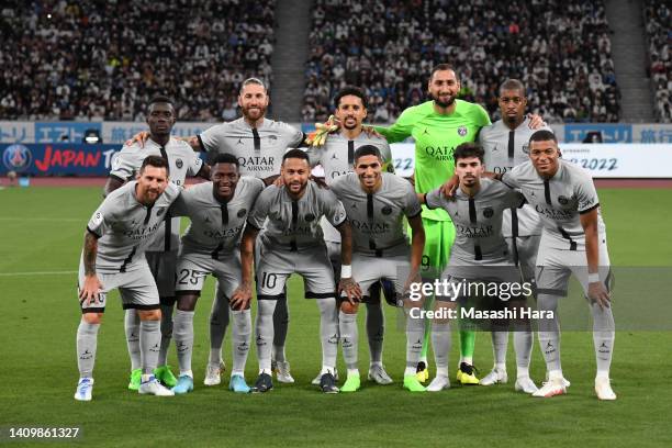 Paris Sait-Germain players line up for the team photos prior to the preseason friendly match between Paris Saint-Germain and Kawasaki Frontale at...
