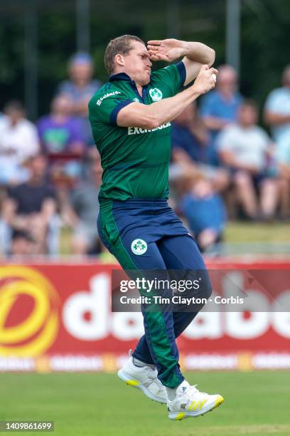 Dublin, Ireland July 15. Graham Hume of Ireland bowing during the Ireland V New Zealand one day international at The Village, Malahide Cricket Club...