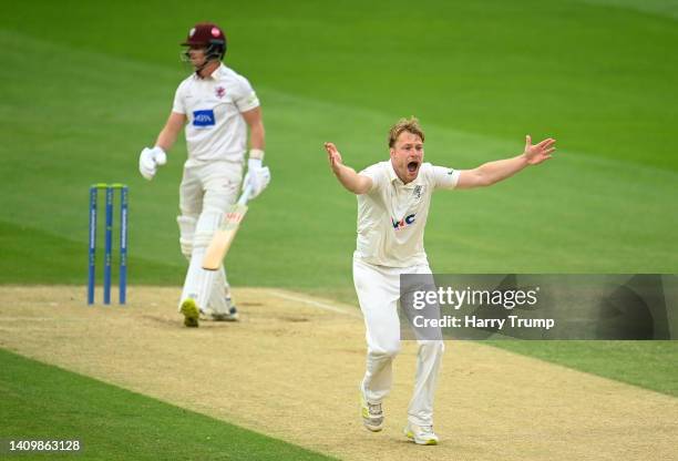 Matthew Waite successfully appeals for the LBW of Tom Abell of Somerset during Day Two of the LV= Insurance County Championship match between...