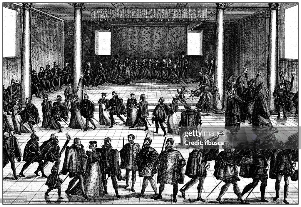 Antique engraving illustration, Civilization: Court ball, Vienna, 1560