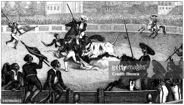 antique engraving illustration, civilization: bullfight, spain - bull fighting stock illustrations