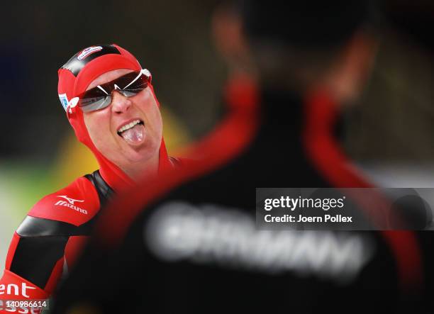 Claudia Pechstein of Germany celebrates after the 3000m heats during Day 1 of the Essent ISU Speed Skating World Cup at Sportforum Berlin on March 9,...