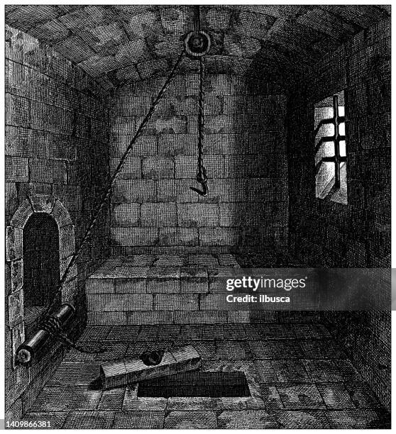 stockillustraties, clipart, cartoons en iconen met antique engraving illustration, civilization: torture room, 14th century - torture