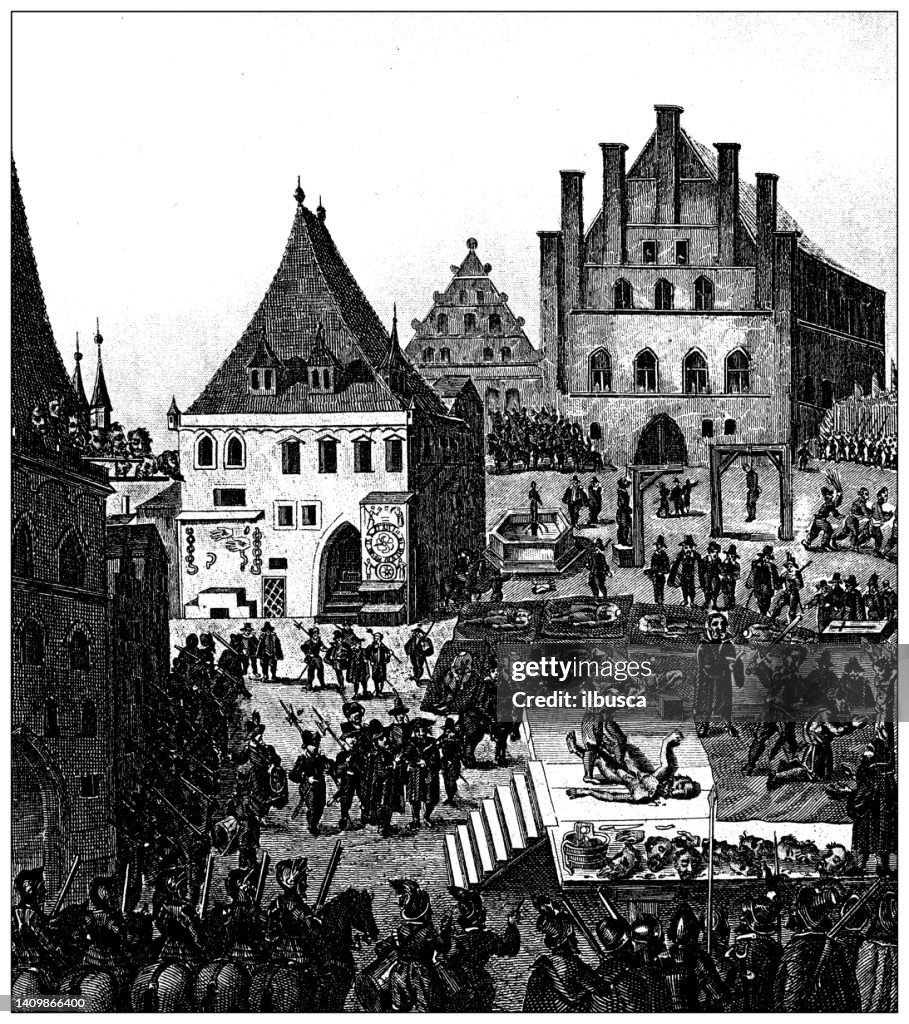 Antique engraving illustration, Civilization: Capital Punishment, Praga, 1621