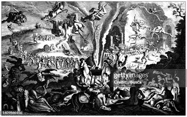 antique engraving illustration, civilization: magic and witchcraft, hell - apocalypse stock illustrations