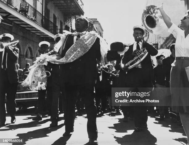 The Eureka Brass Band performing during the Sunday Jazz parade in the French Quarter, New Orleans, US, circa 1960.