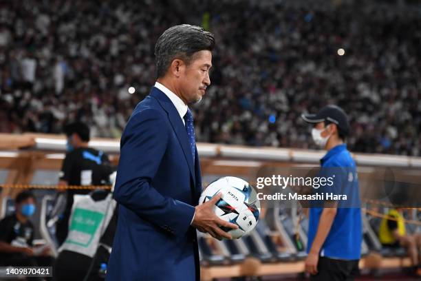 Kazuyoshi Miura is seen prior to the preseason friendly match between Paris Saint-Germain and Kawasaki Frontale at National Stadium on July 20, 2022...