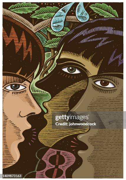 abstract talking heads illustration - side eye stock illustrations
