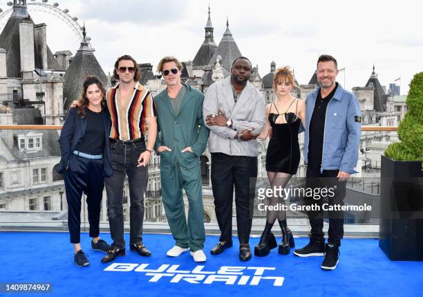 Kelly McCormick, Aaron Taylor-Johnson, Brad Pitt, Brian Tyree Henry, Joey King and David Leitch attend the "Bullet Train" Photocall at The Corinthia...