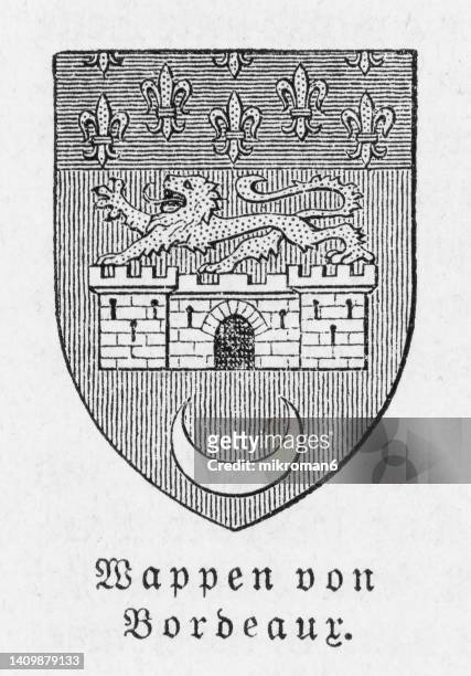old engraved illustration of bordeaux coat of arms, port city on the river garonne, southwestern france - river logo stock pictures, royalty-free photos & images