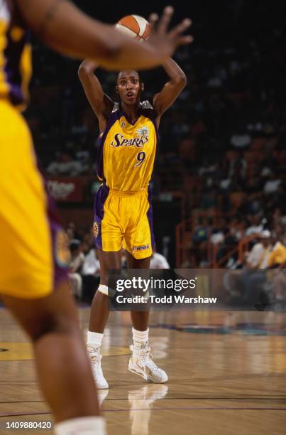 Lisa Leslie, Center for the Los Angeles Sparks prepares to pass the basketball during the WNBA Western Conference basketball game against the...