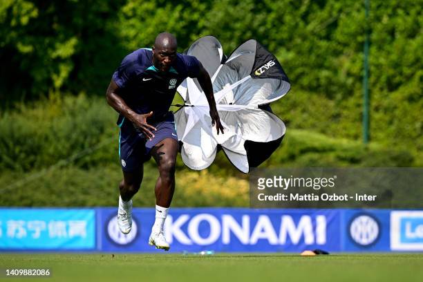 Romelu Lukaku of FC Internazionale in action during the FC Internazionale training session at the club's training ground Suning Training Center on...