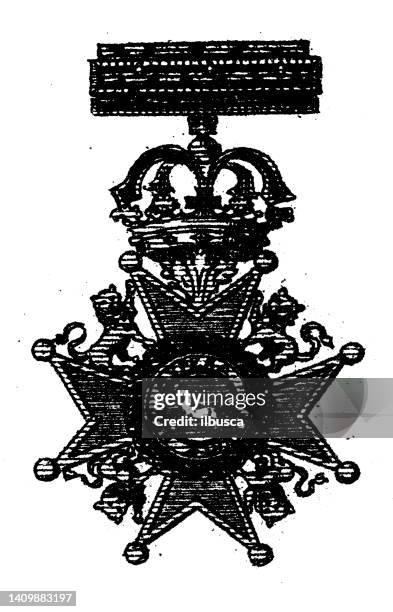 antique engraving illustration, civilization: insignia badge of guelphs - army medals stock illustrations