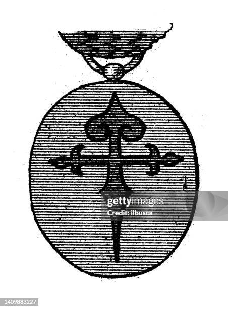 antique engraving illustration, civilization: insignia badge of spanish order of santiago - santiago de compostela stock illustrations